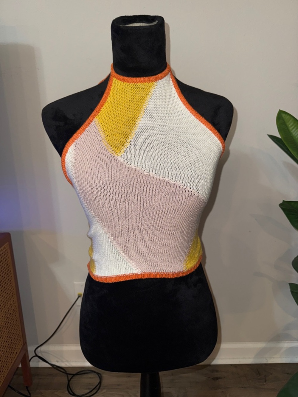 Colorblock Halter Knit Crop Top - Cream, Pink & Mustard and orange